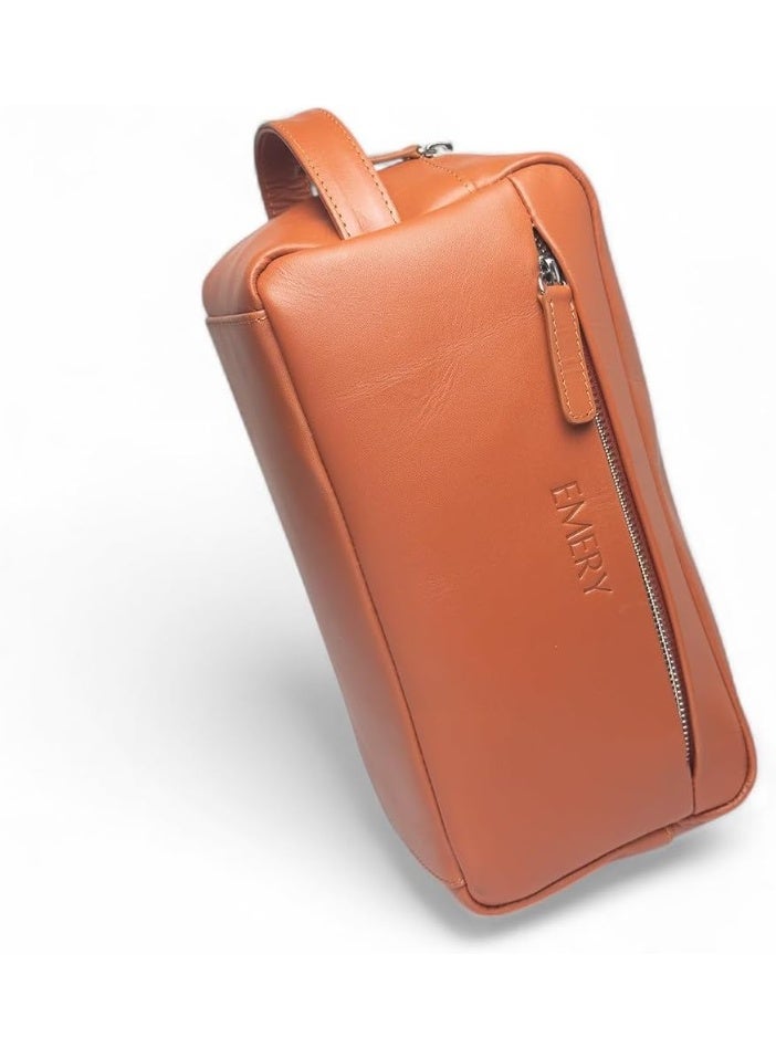 Emery Toiletry Travel Kit Box, Premium Full-Grain Leather with Canvas Lining, Mandarin/Black, 10L x 4.5W x 5H Inches (Mandarin) - Image 1